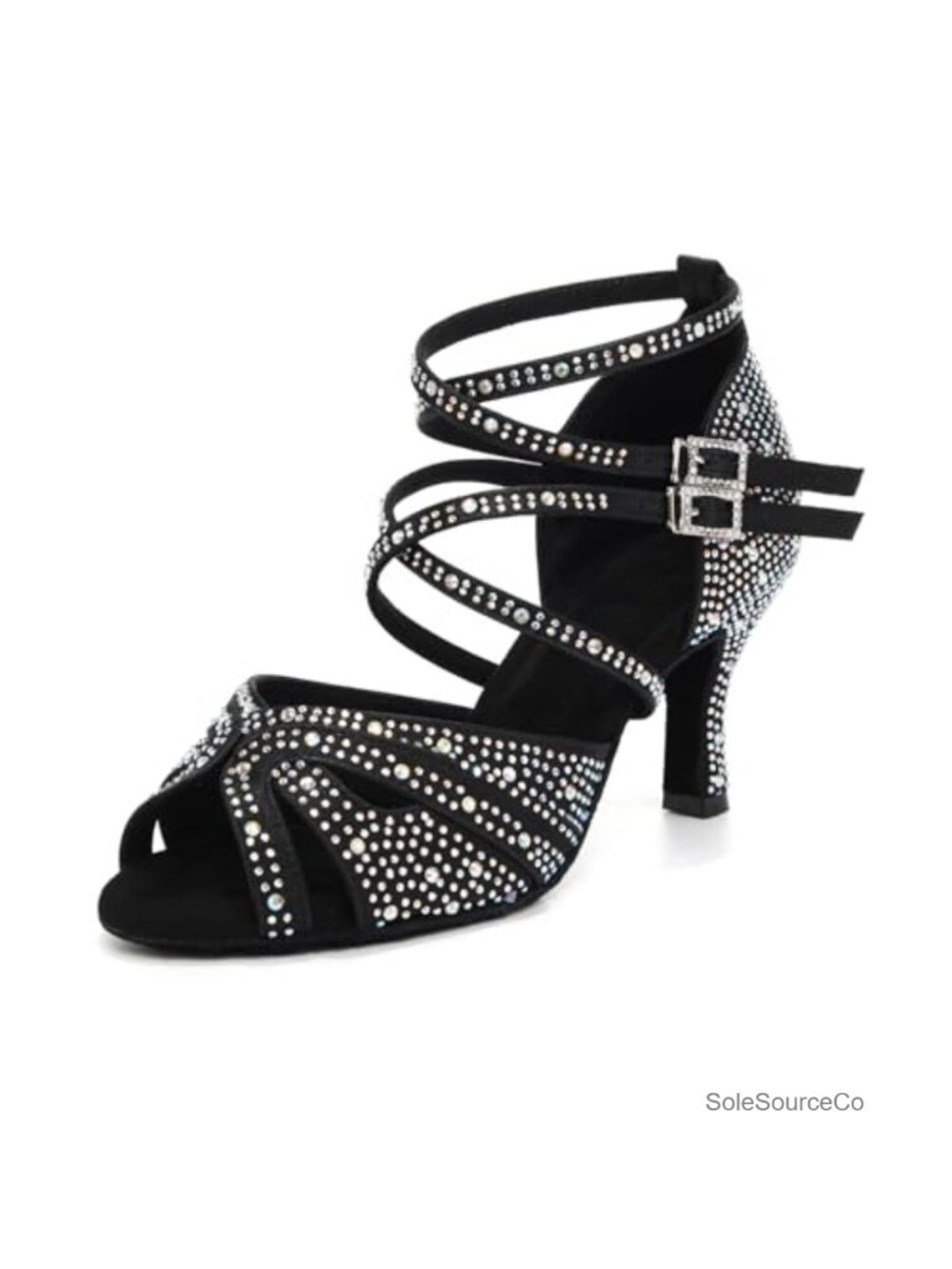 Satin Rhinestone Dance Shoes, Customizable Heel, Suede Sole, Open Toe, Ankle